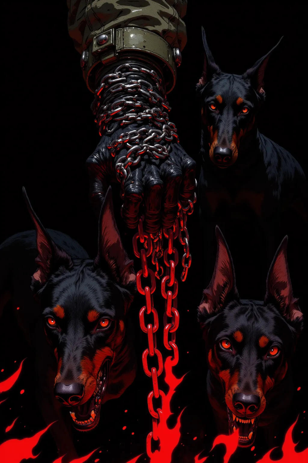 illustration of the right hand and Doberman, He has several heavy chain leads wrapped around his right hand、 He is accompanied by three huge Dobermans, The Doberman has black fur、redい目、 sharp fangs,dark fantasy style,high-definition precision drawing on a black background, Dramatic lighting,  The soldier's uniform is clean,On a black base,dramatic backlighting on a black base accentuates the silhouette of the right hand and Cerberus, High-definition and intricate details、Heavy Atmosphere, The color is composed mainly of black 、red、ダークグレーを基調にドーベルマンに炎や目のred, Accentuated with the shine of metal,only let the right hand appear