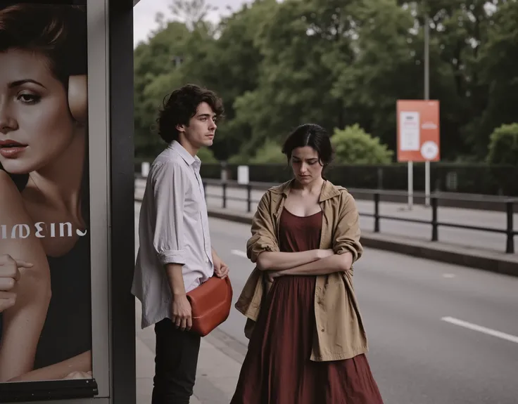 A cinematic still from a European arthouse film, set at a quiet urban bus stop on a cloudy afternoon. A young woman with pale skin and dark brown shoulder-length hair stands in a contemplative pose, arms crossed, facing forward but emotionally distant. She...