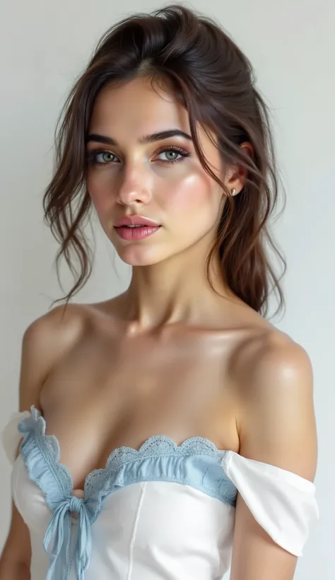 masterpiece. Oil painting effect. oil painting portrait. 1/2 body. A stunning European supermodel, white skin, blue charming eyes. Brown hair up elegently, Victorian. she wears: Victorian Necklace. Victorian gown - low cut, shoulder off, lace ruffles at ne...
