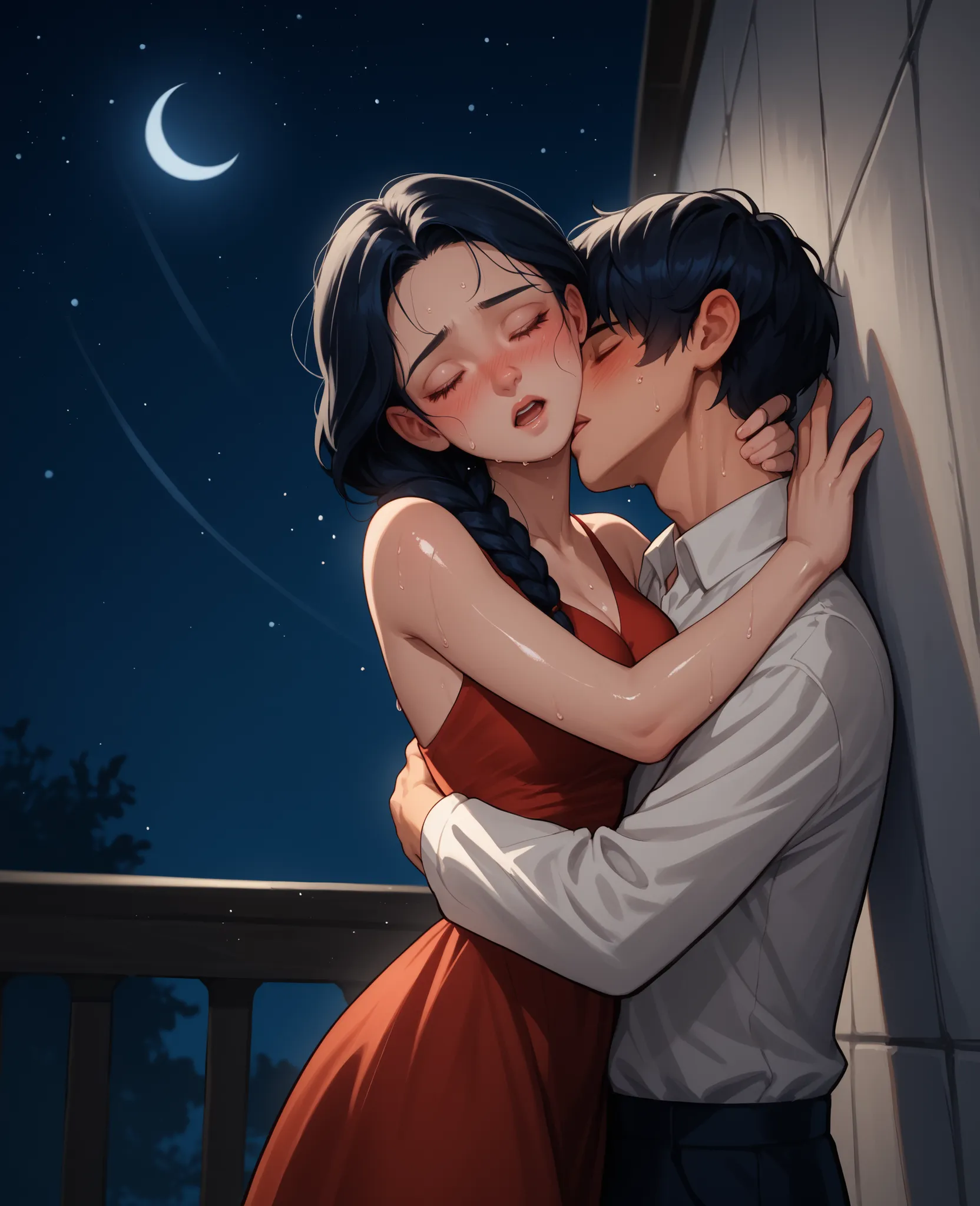 score_9, score_8_up, score_7_up, 1woman, solo, hair, closed eyes, white milky porcelain skin, white-skinned female, black hair braided, lovely medium breasts, perfect body, red maxi dress, sweat, female organism, open mouth, looking at viewer, head tilt,...