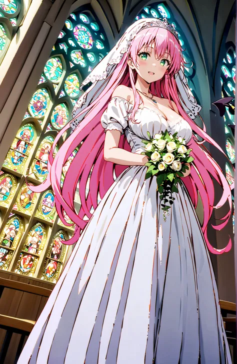 score_9, score_8_up, score_7_up, source_anime,
 Lala Devilke , long hair, pink hair,stupid hair, bungs, green eyes,Demon Tail,Big Breasts,tiara,Veil,Off Shoulder Wedding Dress,Short sleeve,necklace,wedding long skirt,holding a bouquet of flowers with both ...