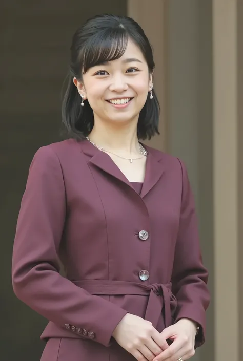 Neat Young Woman、formal wear、necklace、ear piercing、 smile showing teeth、upper body、Background is in a room、