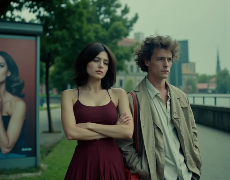 A cinematic still from a European arthouse film, set at a quiet urban bus stop on a cloudy afternoon. A young woman with pale skin and dark brown shoulder-length hair stands in a contemplative pose, arms crossed, facing forward but emotionally distant. She...