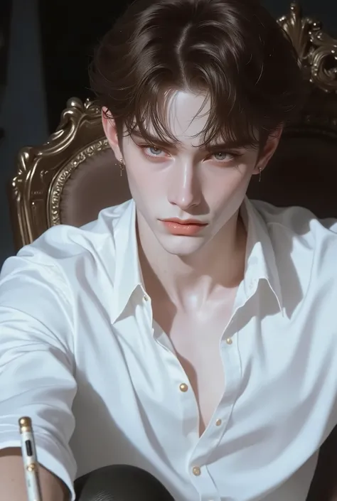 A handsome young man with short brown hair, slim athletic build, korean, blue eyes, full body photo ,lounged on his chair, a pencil on his hand , smooth skin , young and vibrant , is in good shape , Strong White Skin intense cold undertone, messy bowl cu...
