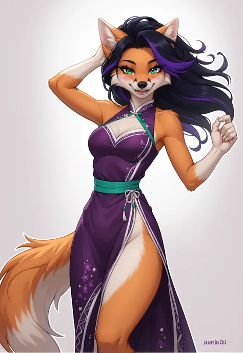 (4K HD Quality), score_9_up, score_8_up, score_6_up, anthro, solo, 1girl, anthropomorphic, female, furry, fox, orange fur, (white ear top:1.1), green eyes, white face, black nose, medium breasts, fox tail, (white claw:1.1), pink pad paws, 

(long hair, mul...
