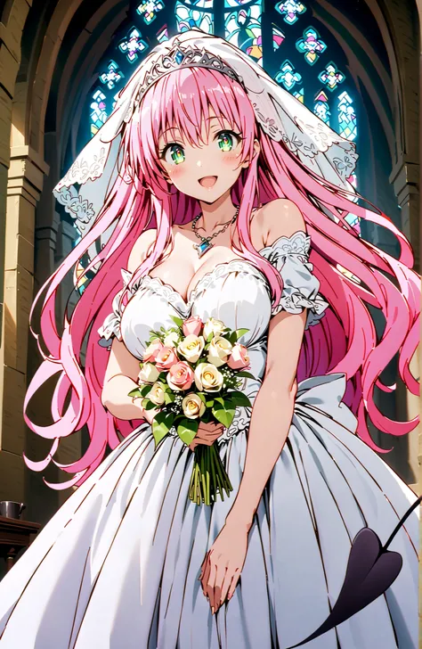 score_9, score_8_up, score_7_up, source_anime,
 Lala Devilke , long hair, pink hair,stupid hair, bungs, green eyes,Demon Tail,Big Breasts,tiara,Veil,Off Shoulder Wedding Dress,Short sleeve,necklace,wedding long skirt,holding a bouquet of flowers with both ...