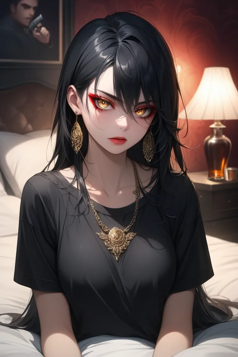 ((extreme quality)), ((masterpiece)), ((enrich the picture, masterpiece level quality)), black hair, mid-length layered hair, golden eyes, extreme eyes details, medium breasts, bust-up composition, fierce woman, realistic lighting, cinematic and moody shading, volumetric lighting, soft glow, glossy skin, glossy black hair, beautiful fierce face, long eyelashes, red eyeliner, earrings, hands raised near chest with visible rings, mexican gangster style, fierce intense expression, oversized black shirt, sitting on bed, perfect facial and hand proportions, detailed fabric, detailed jewelry, extreme cloth and hair detail

((background)): high-end hotel room with leather-padded headboard, dim warm light from vintage bedside lamp, messy bed with rich textile sheets, whiskey bottle and handgun on nightstand, faint smoke haze in air, moody and cinematic ambiance, soft blurred background for depth, hint of luxury with a gritty gangster atmosphere.