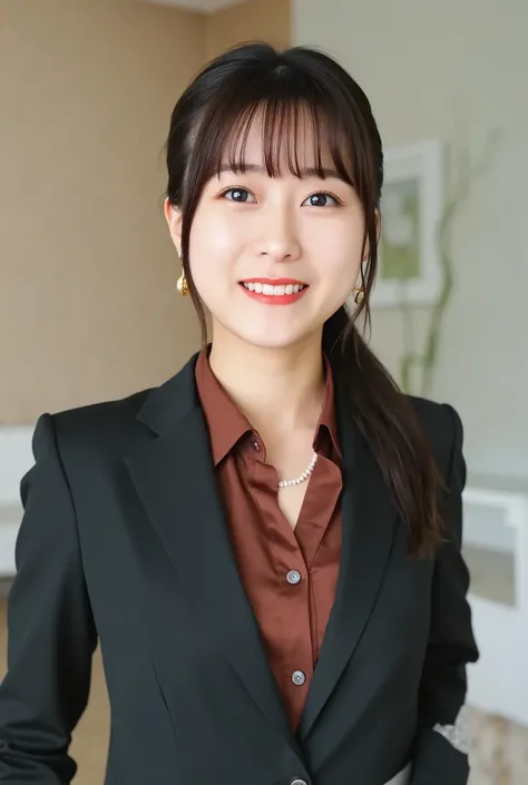 A neat and clean young woman、office lady suit、jacket、shirt、necklace、and look at the camera、、 smile showing teeth、ear piercing、upper body、Background is in a room、