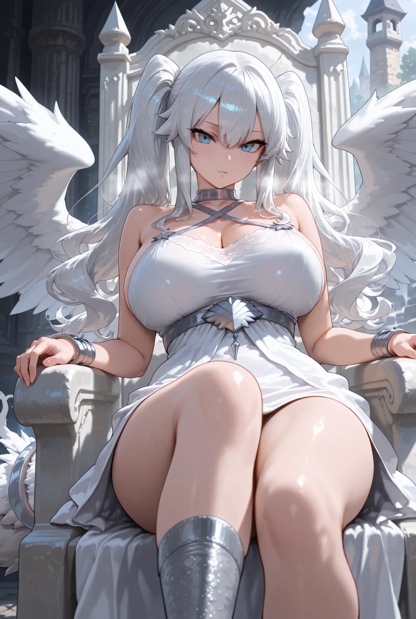masterpiece,bestquality,solo,beautiful girl,(reshiram:0.25),tall,detailed eyes,white hair,long hair,wavy hair,blue eyes,tsurime,(large breasts:1.25),wearling white dress,beautiful legs,white wings on back,feather,silver accessories,silver bangles,silver so...