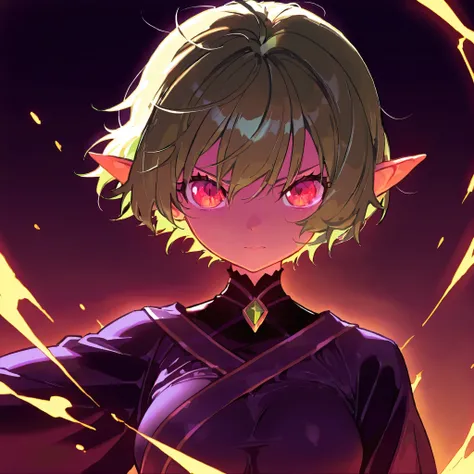 masterpiece, best quality, ultra-detailed, best illustration, solo, 1girl, short hair, bangs, florest, green hair, big eyes, large breast, warlock, robe, slender body, pointy ears, greed, greedy, serious, no smile, score_9, score_8_up, score_7_up, score_6_...