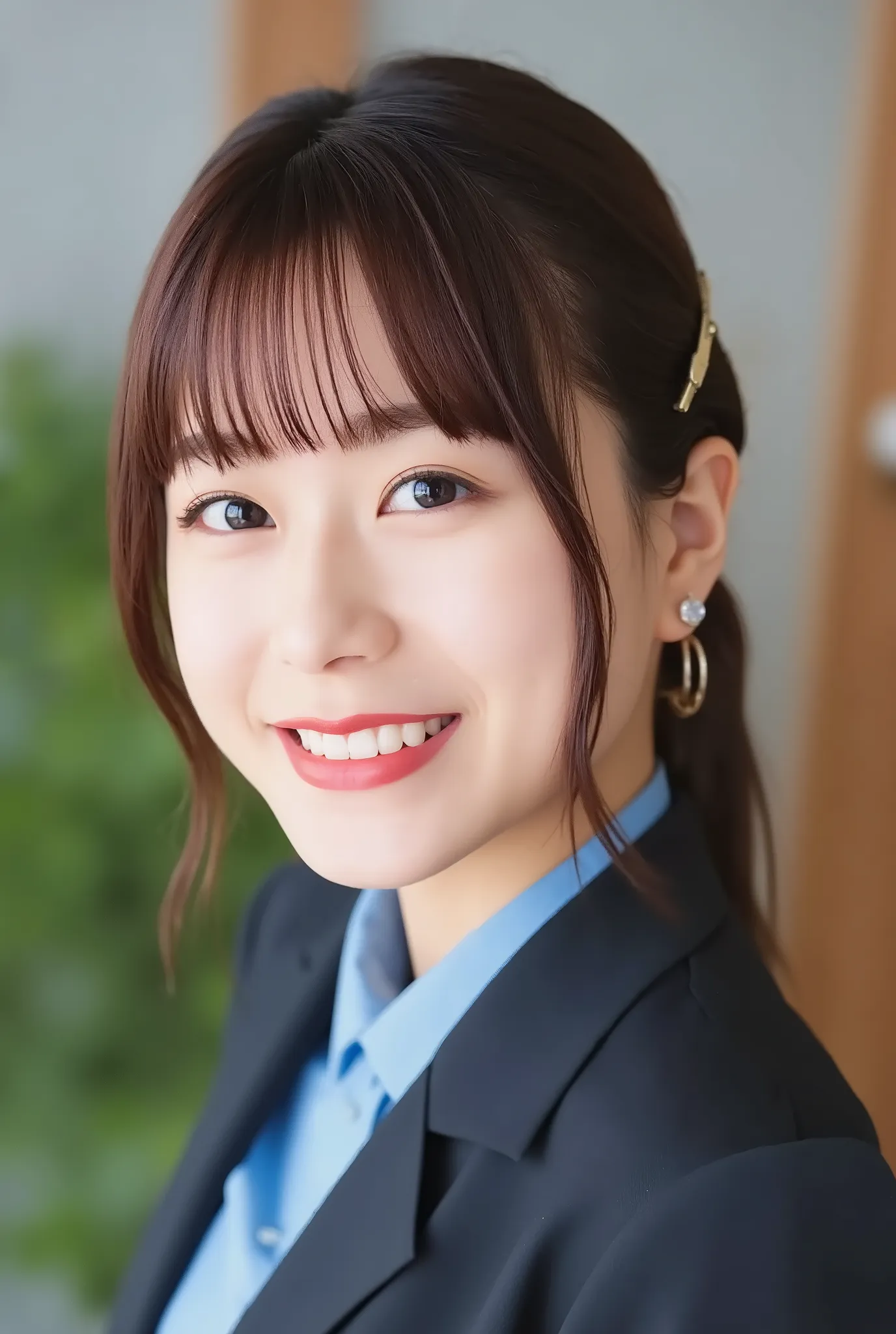 A neat and clean young woman、office lady suit、jacket、shirt、necklace、and look at the camera、、 pale brown hair、 smile showing teeth、ネックレス、ear piercing、upper body、Background is in a room、
