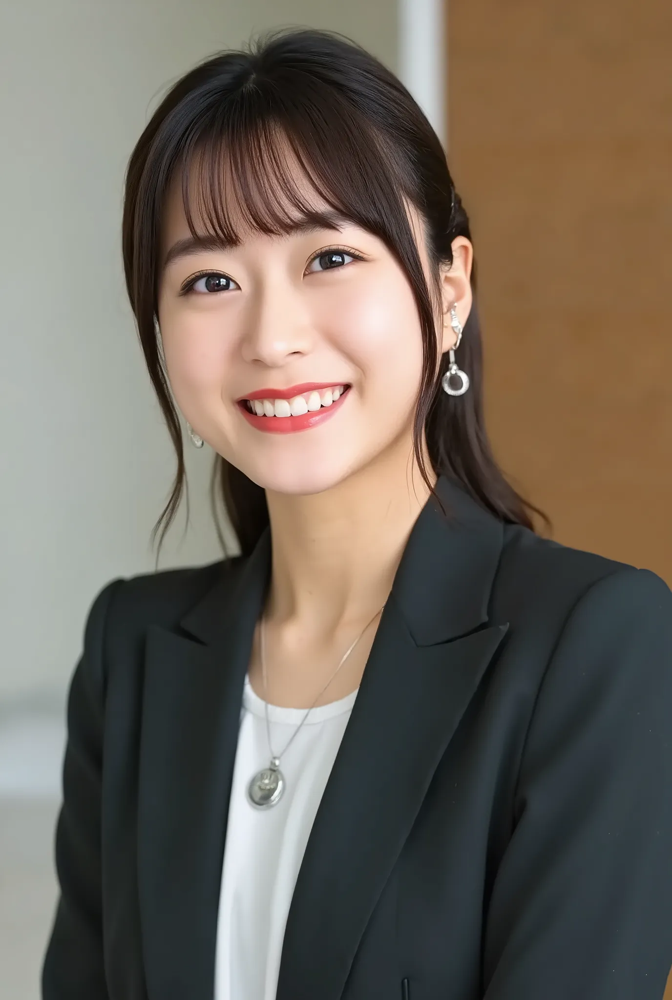 A neat and clean young woman、office lady suit、jacket、shirt、necklace、and look at the camera、、 口を少し開く、、 smile showing teeth、ネックレス、ear piercing、upper body、Background is in a room、
