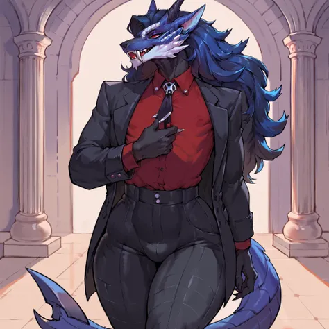 anthro androgynous furry lunagaron in a black gothic suit with a red button up shirt, has black business pants, curvy, wearing fancy open business suit, thicc (Wearing black business coat)(showing fangs), inside a mansion(androgynous)(Evil looking)