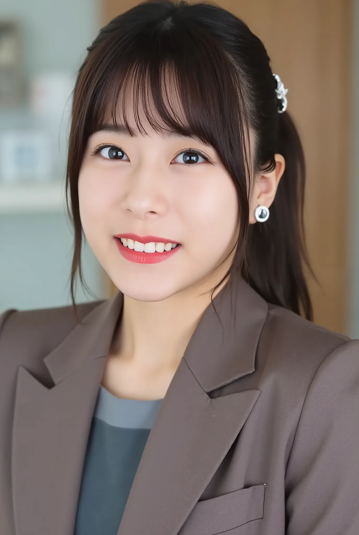 A neat and clean young woman、office lady suit、jacket、shirt、necklace、and look at the camera、、 口を少し開く、薄い茶髪、、 smile showing teeth、ネックレス、ear piercing、upper body、Background is in a room、