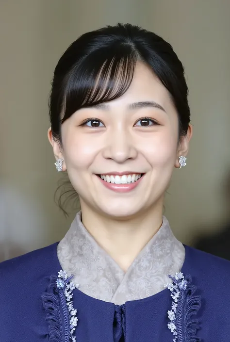 Neat Young Woman、formal wear、necklace、ear piercing、 smile showing teeth、upper body、Background is in a room、