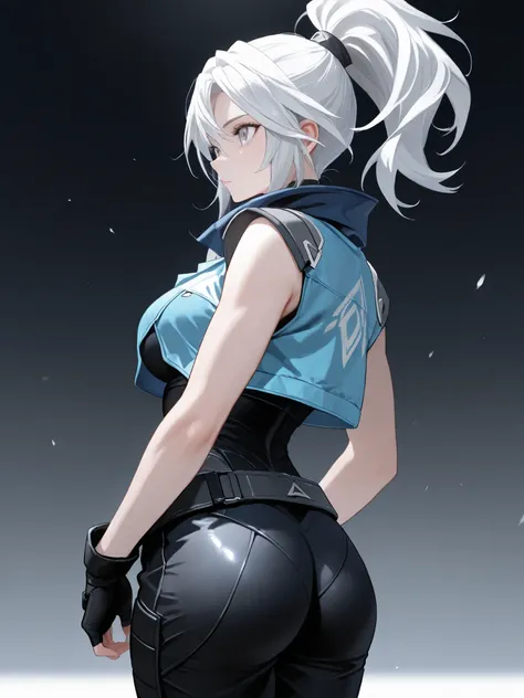 one woman, blue jacket, sleeveless, cropped jacket, black bodysuit, belt, black pants, black gloves, fingerless gloves,  white hair, feminine, voluptuous, high ponytail, beautiful breasts, beautiful ass, big eyes, pale gray eyes,