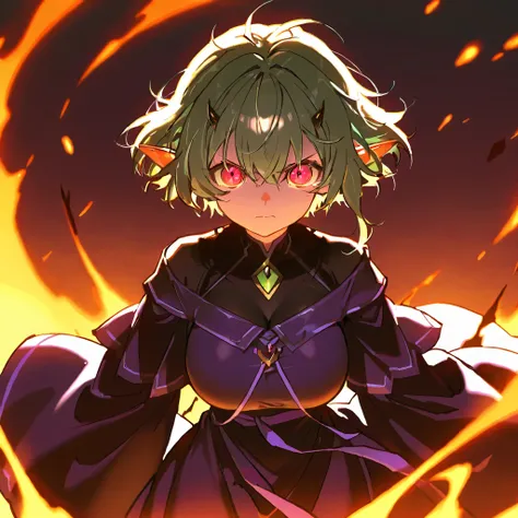masterpiece, best quality, ultra-detailed, best illustration, solo, 1girl, short hair, bangs, florest, green hair, big eyes, large breast, warlock, robe, slender body, pointy ears, greed, greedy, serious, no smile, score_9, score_8_up, score_7_up, score_6_...