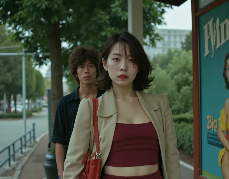 A cinematic still from a European arthouse film, set at a quiet urban bus stop on a cloudy afternoon. A young woman with pale skin and dark brown shoulder-length hair stands in a contemplative pose, arms crossed, facing forward but emotionally distant. She...
