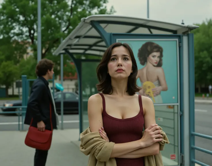 A cinematic still from a European arthouse film, set at a quiet urban bus stop on a cloudy afternoon. A young woman with pale skin and dark brown shoulder-length hair stands in a contemplative pose, arms crossed, facing forward but emotionally distant. She...