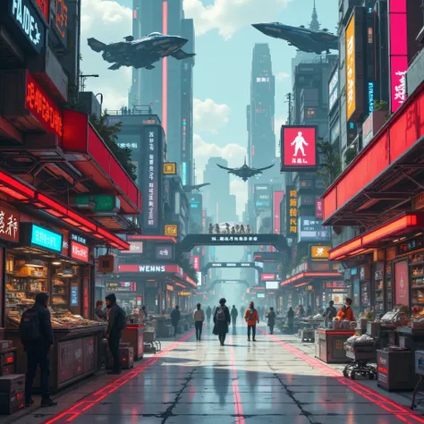 Advanced society in a market with robots and futuristic machines, human beings and aliens walking in the market ,  ultra detailed cyberpunk  , and ships in the sky, wide and open scenario,