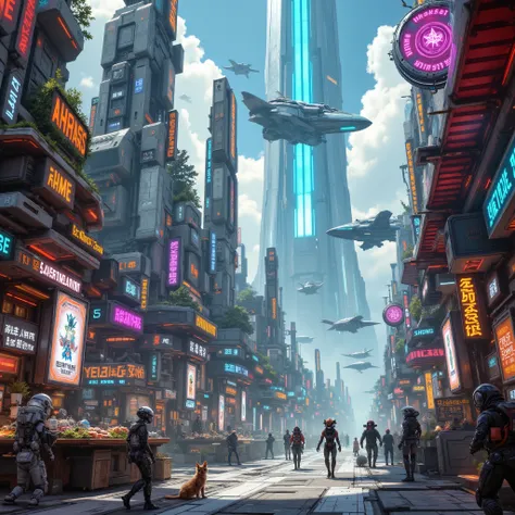 Advanced society in a market with robots and futuristic machines, human beings and aliens walking in the market ,  ultra detailed cyberpunk  , and ships in the sky, wide and open scenario,