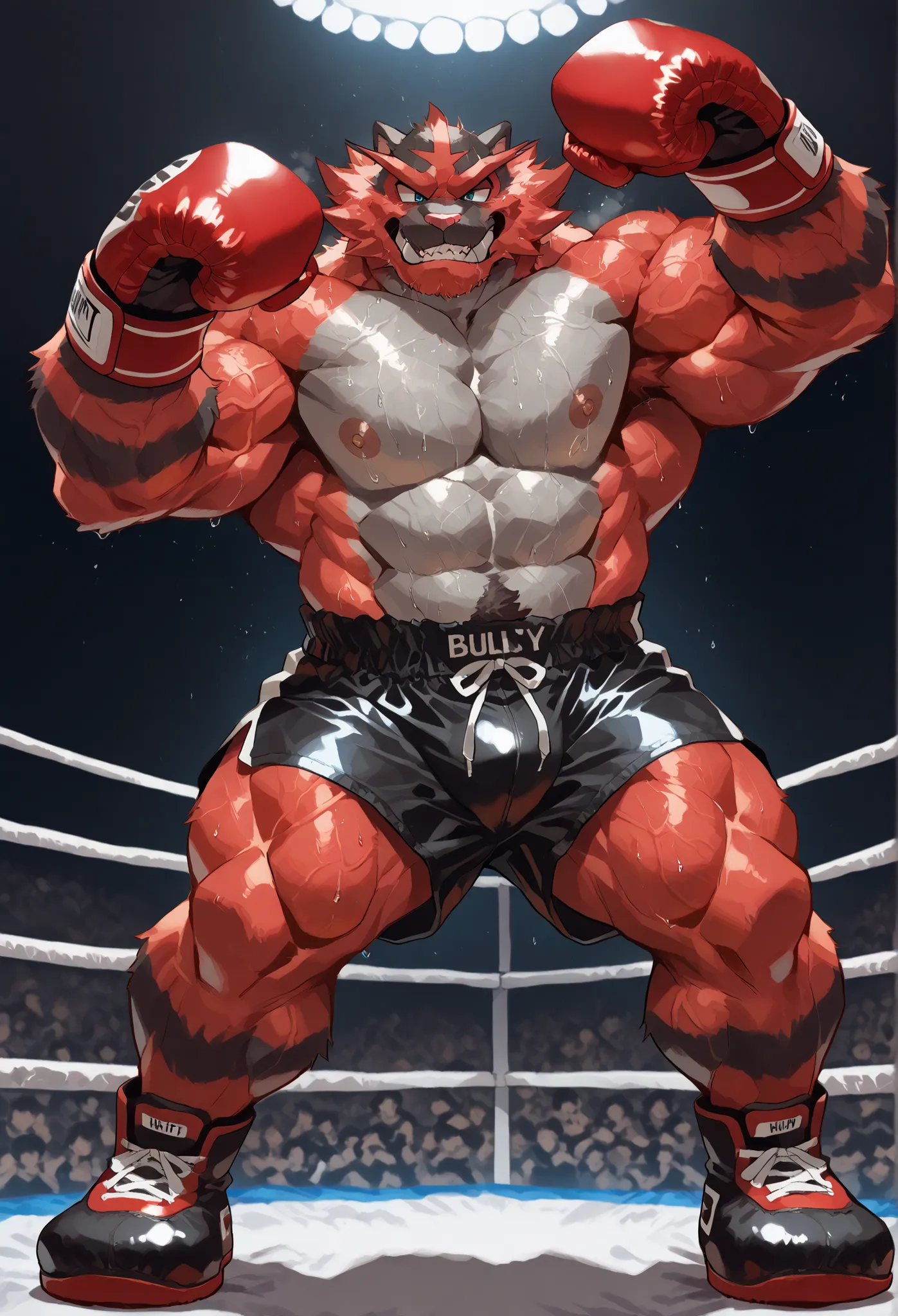 4K, masterpiece quality, pov_boxing, wildly Looking down on the losers, black boxing shoes, red boxing gloves, black boxing shorts with gold embrems, bulge, full body, depth of field, boxing, wildly posing with his chest out, fist pump pose with arms risin...