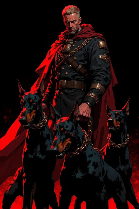 illustration of the right hand and Doberman, He has several heavy chain leads wrapped around his right hand、 He is accompanied by three huge Dobermans, The Doberman has black fur、redい目、 sharp fangs,dark fantasy style,high-definition precision drawing on a black background, Dramatic lighting,  The soldier's uniform is clean,On a black base,dramatic backlighting on a black base accentuates the silhouette of the right hand and Cerberus, High-definition and intricate details、Heavy Atmosphere, The color is composed mainly of black 、red、ダークグレーを基調にドーベルマンに炎や目のred, Accentuated with the shine of metal,only let the right hand appear,bare hands