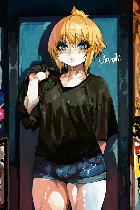 A femboy boy, fofo, with a sexy and chubby body, he has blond hair up to his neck with bangs, blue eyes with black eyelashes imitating an eyeliner, pink white skin with freckles on his face, he wears a long black shirt with a band, A short denim shorts, ma...