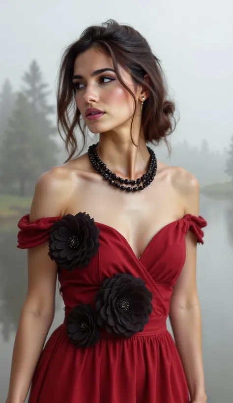 The image is a captivating editorial portrait that blends classic glamour with a modern, artistic twist, presented in a striking black-and-white aesthetic with selective color accents. The subject is framed against a dreamy, ethereal background featuring a...