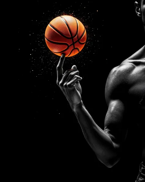 Stunning monochrome plus orange color, photo art. Extreme close-up of masculine hand spinning large basketball on fingertip. Perfect anatomy with visible muscle tension and skin texture. Dramatic side lighting creating intense chiaroscuro. Orange basketbal...