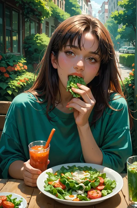 anime drawing of a girl eating a salad, 80s aesthetic