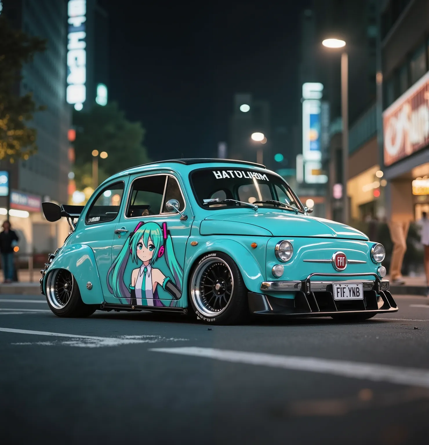tune up a 1965 Fiat 600 with a wide body and offset wheels,Tune a 1965 Fiat 600,Draw the anime woman Hatsune Miku on the body,masterpiece,Ultra fine expression,downtown at night with a picture of,