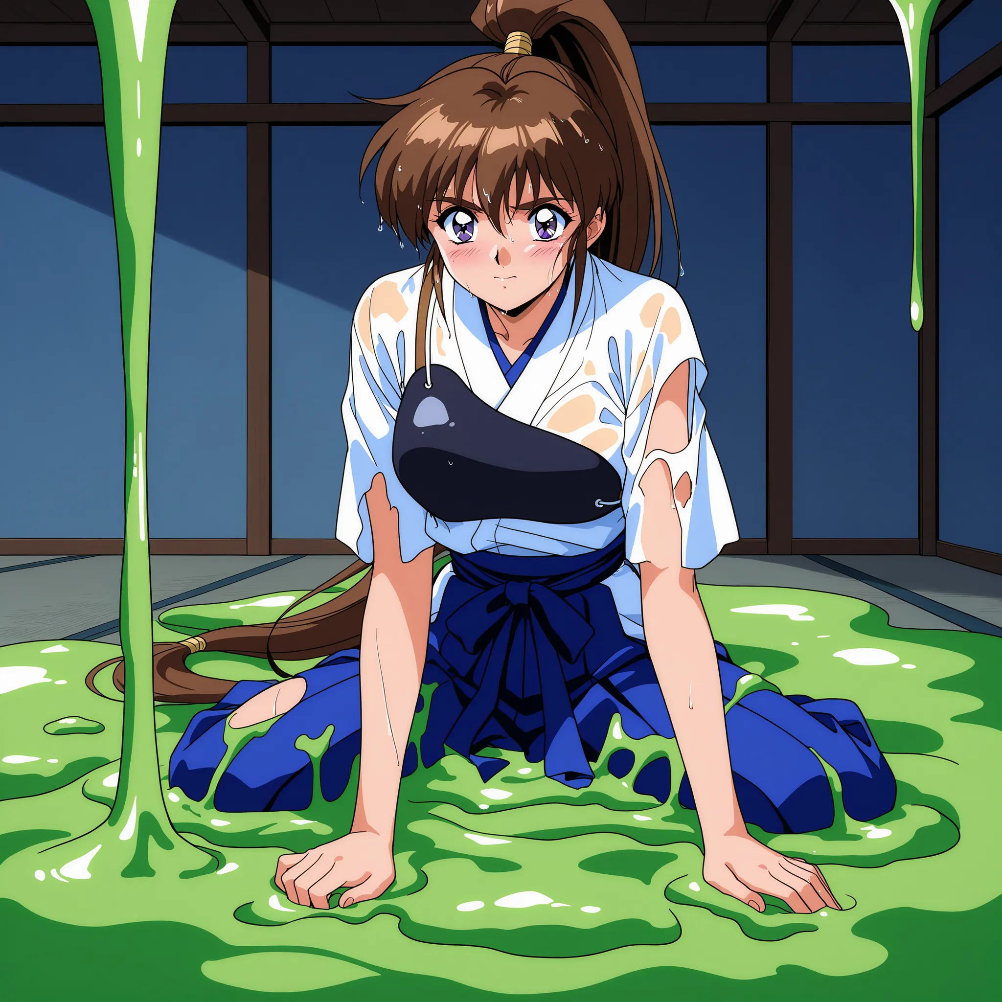 1girl,solo,masterpiece,general,highres, ultra-detailed,very aesthetic,best quality,best hands,best eyes,easynegative,perfect anatomy,BREAK,Amatsu_Ai, brown hair, ponytail, very long hair,bangs, purple eyes, high ponytail, 1990s \(style\),anime coloring,BRE...