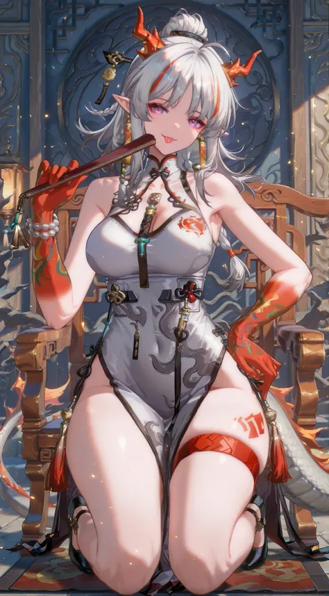 , 1girl, nian \(arknights\), solo, dress, china dress, breasts, horns, chinese clothes, tail, purple eyes, pointy ears, bead bracelet, official alternate costume, beads, white hair, white dress, looking at viewer, jewelry, sleeveless dress, large breasts, ...