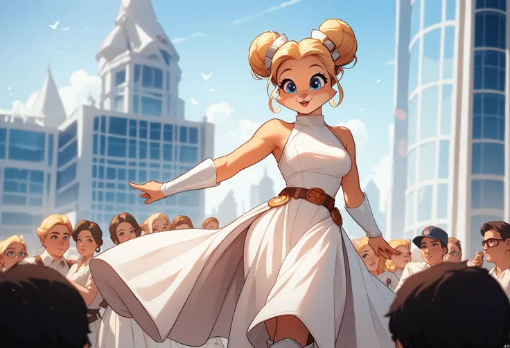 cute anthro cat girl with blonde hair and blue eyes, medium breasts, dressed as Princess Leia, hair buns, white dress, belt, white boots, surrounded by nerds, at a comic book convention