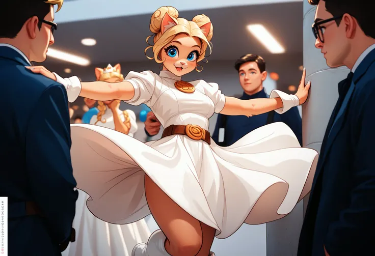cute anthro cat girl with blonde hair and blue eyes, cat ears, medium breasts, dressed as Princess Leia, hair buns, white dress, belt, white boots, surrounded by nerds, at a comic book convention