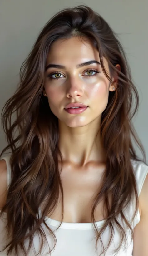 (photorealistic DSLR photograph of) a stunning 22-year-old woman with light warm-toned skin, subtle freckles and beauty marks across cheeks and collarbone, faint vellus hairs on jawline, slightly tousled auburn hair with natural darker roots, slight skin s...
