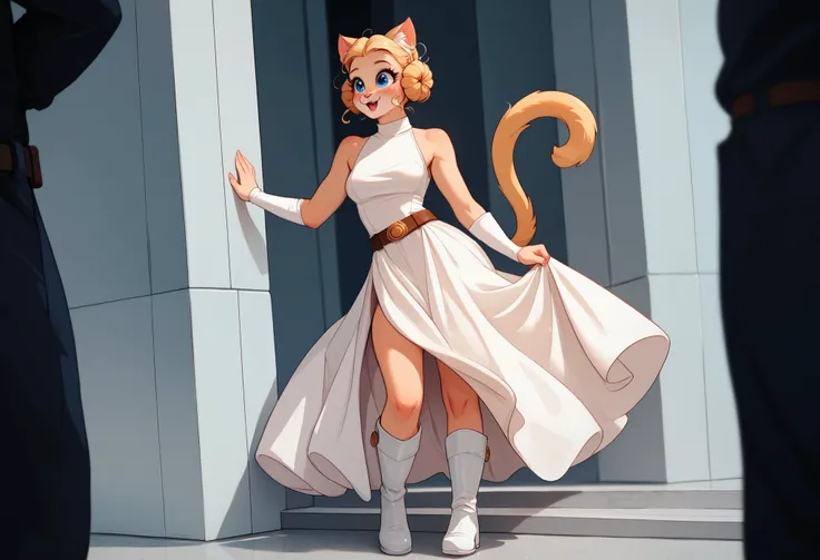 cute anthro cat girl with blonde hair and blue eyes, cat ears, swishing tail, medium breasts, dressed as Princess Leia, hair buns, white dress, belt, white boots, surrounded by nerds, at a comic book convention