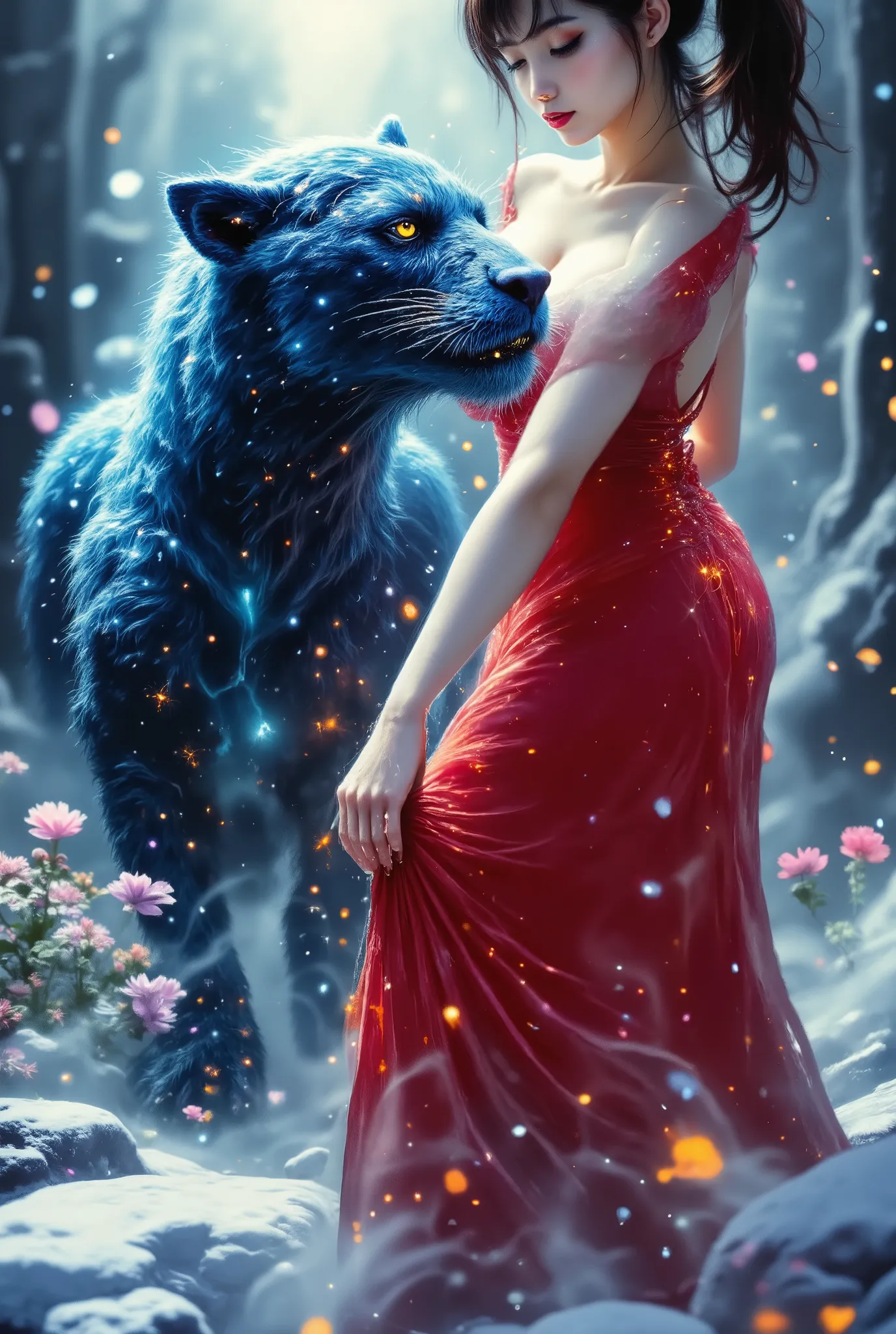 (3 shots Highest quality, 8K, masterpiece), (RAW Photos), 8k, Masterpiece, Top Quality, Low-angle, close-up, mystical, fantasy, dark, 2 subjects, blue jaguar, leopard spots, blue glowing eyes, powerful, striding, paws, raised, snowy, blurred background, sp...