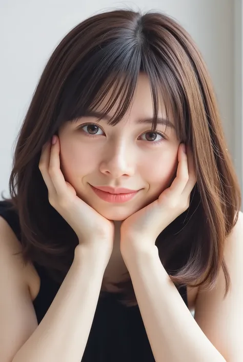 extreme close-up portrait, beautiful girl with her love-struck, radiant face filling the entire frame (95% face ratio), gently placing both open hands on her flushed cheeks with soft fingers, soft black camisole, white blurred background, eyes dreamy and h...