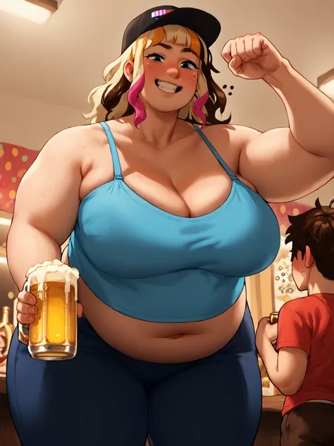 Score_9, score_8_up, score_7_up, score_6_up, score_5_up, score_4_up, crowded party background, low angle,  1girl, 1boy, duo, larger_female, taller_female, size_difference, standing, looking down, BREAK, bbw drunk female, black cap, low cut tshirt, bra stra...
