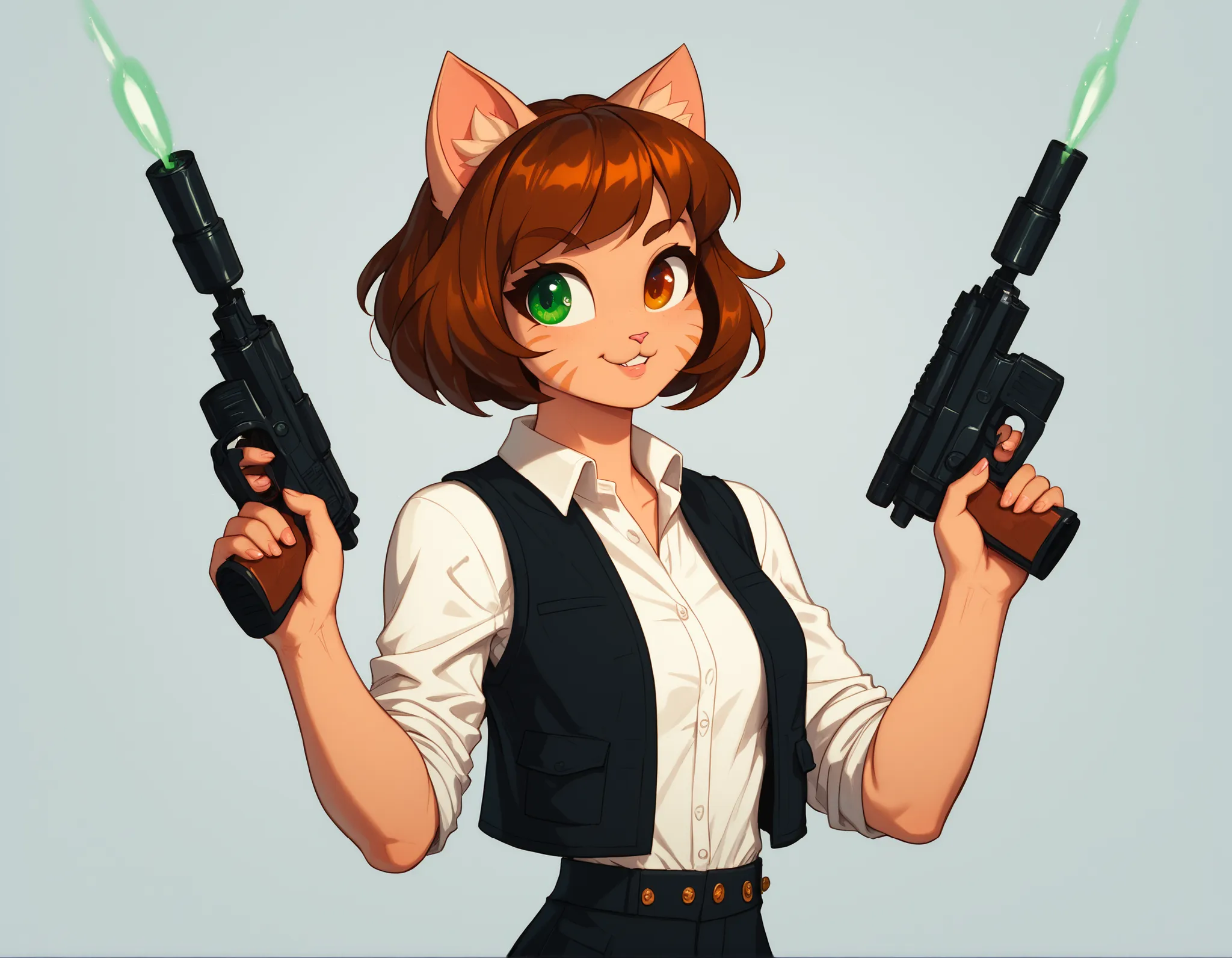 cute female anthro cat girl, skinny, short brown hair, heterochromia (copper left eye, green right eye), she has an air of superiority, , wearing Han Solo cosplay outfit, white shirt, black vest, holding a dl-44 blaster pistol in her detailed hand, surroun...