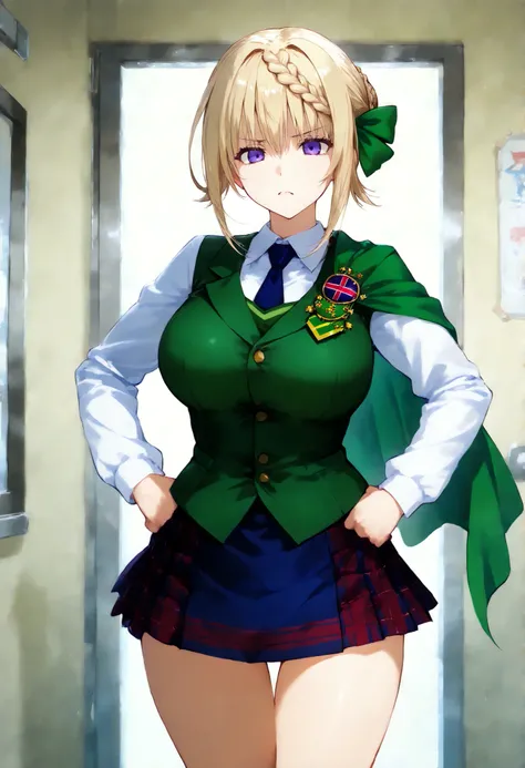 score_9, score_8_up, score_7_up, source_anime, masterpiece, absurd, perfect face, alone かわいい expression, perfect face,  , 1 girl on break day, alone,  ,  , bright eyes, Cleft lip, , .Perth KC,short hair, uniform, hair bow, white shirts, braid, Short sleeve...