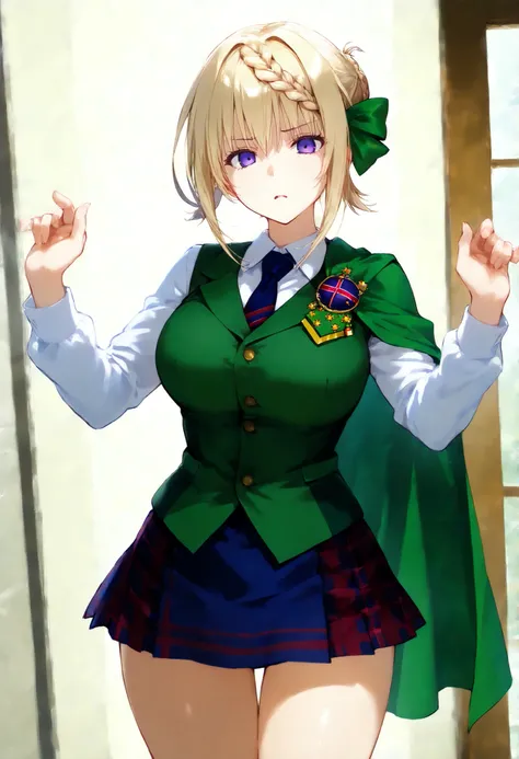 score_9, score_8_up, score_7_up, source_anime, masterpiece, absurd, perfect face, alone かわいい expression, perfect face,  , 1 girl on break day, alone,  ,  , bright eyes, Cleft lip, , .Perth KC,short hair, uniform, hair bow, white shirts, braid, Short sleeve...