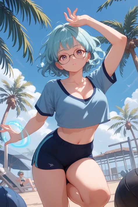 (Glasses Girl),pose showing palm,Hands glow,aura,dark blue gym clothes,medium chest,cleavage