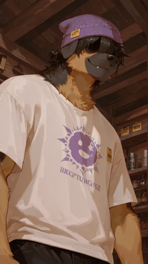 furry male, (alone),Tibetan Mastiff,gray-black fur,Yellow-brown body,black hair covers eyes,Purple knitted hat,Floppy-eared dog,高大strong的身体,Lipid muscles ,Big Guy,strong,in a wooden pub,interior,standing,White T-shirt,black shorts,best quality,Half-length ...
