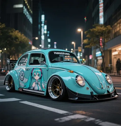 Tune up a 1965 Volkswagen Beetle with a wide body and offset wheels，Tuning a 1965 Volkswagen Beetle，Draw the anime woman Hatsune Miku on the body，masterpiece，Ultra fine expression，downtown at night with a picture of，