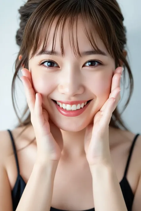extreme close-up portrait, beautiful girl with her love-struck, radiant face filling the entire frame (95% face ratio), gently placing both open hands on her flushed cheeks with soft fingers, soft black camisole, white blurred background, eyes dreamy and h...