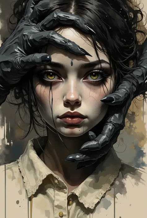 Portrait of a young European girl in close-up, probably 18-25 years old, with a scared and helpless expression on her face. The image is made in a dramatic, almost Gothic style. The upper part of the image is black.The first scary black hand of the monster...
