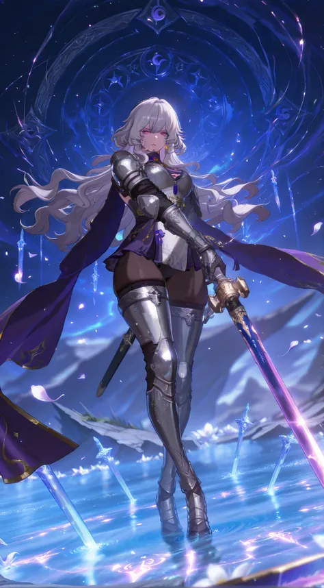 masterpiece, best quality,high quality, newest, highres,8K,HDR,absurdres, 1girl, solo, long wavy hair, heterochromia, purple eyes, enchanted sword, floating petals, silver armor, intricate patterns, ethereal glow, holding sword, armored gauntlets, high fan...